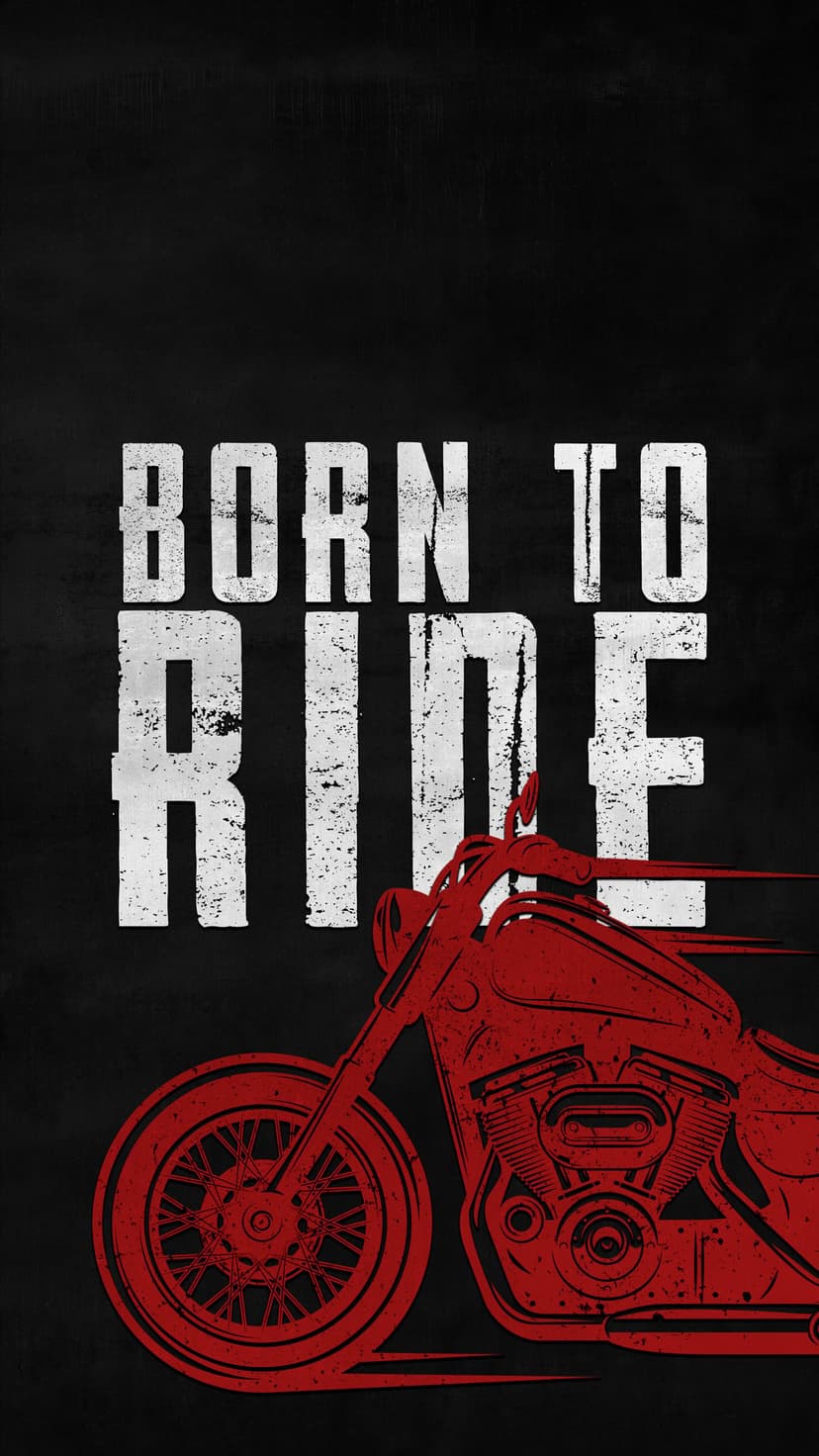 Red motorcycle with engine details sits below white Born to Ride text against a solid black background.