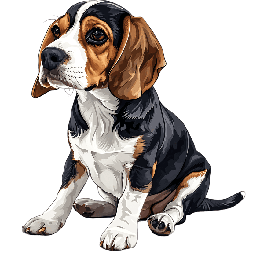 Beagle puppy illustration featuring tricolor fur and floppy ears sitting in a front-facing centered pose.