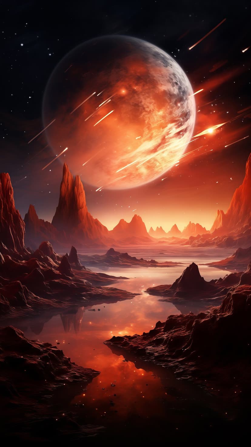 A massive fiery planet hangs over a rocky landscape with glowing meteors falling into dark, reflective pools.