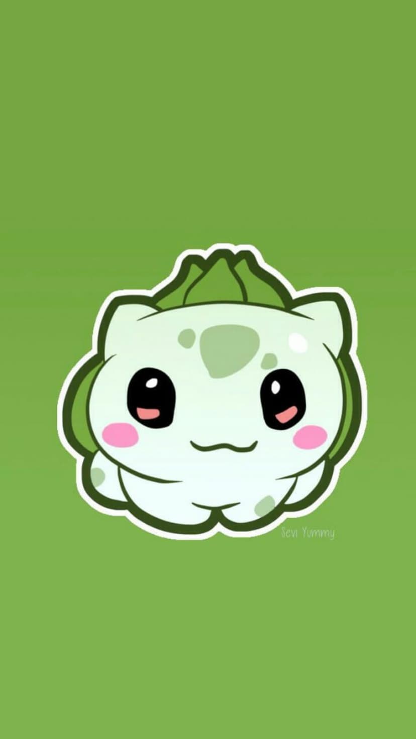 Bulbasaur with large expressive eyes and pink cheeks smiles in front of a solid bright green background.