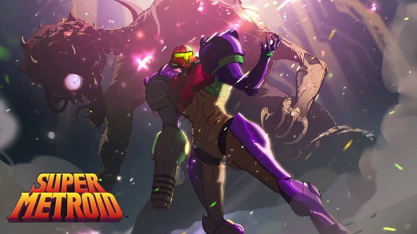 Samus Aran in purple Gravity Suit poses before the giant monster Kraid with glowing particles and dramatic lighting.