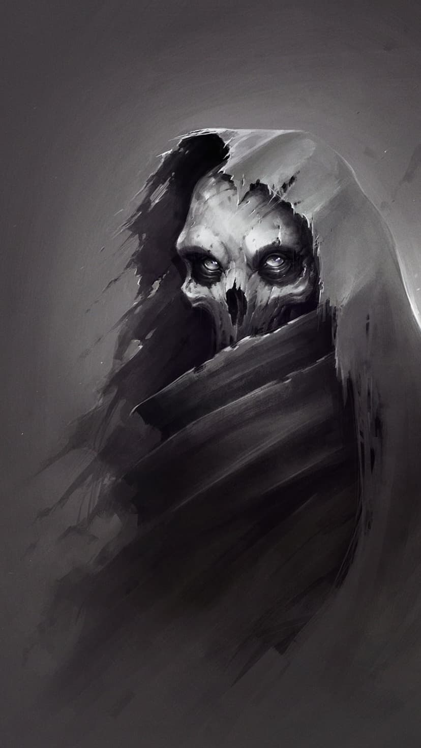 Skeletal Grim Reaper with glowing blue eyes wearing a tattered hood emerges from deep shadows in monochrome.