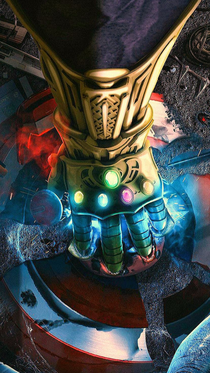 Thanos' Infinity Gauntlet exerts pressure on Captain America's broken shield with glowing multicolored stones.