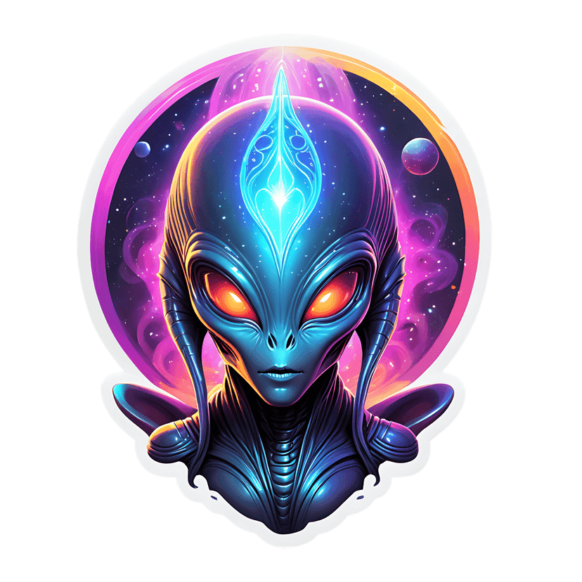 Blue extraterrestrial humanoid bust with iridescent skin and glowing red eyes against a purple nebula background.
