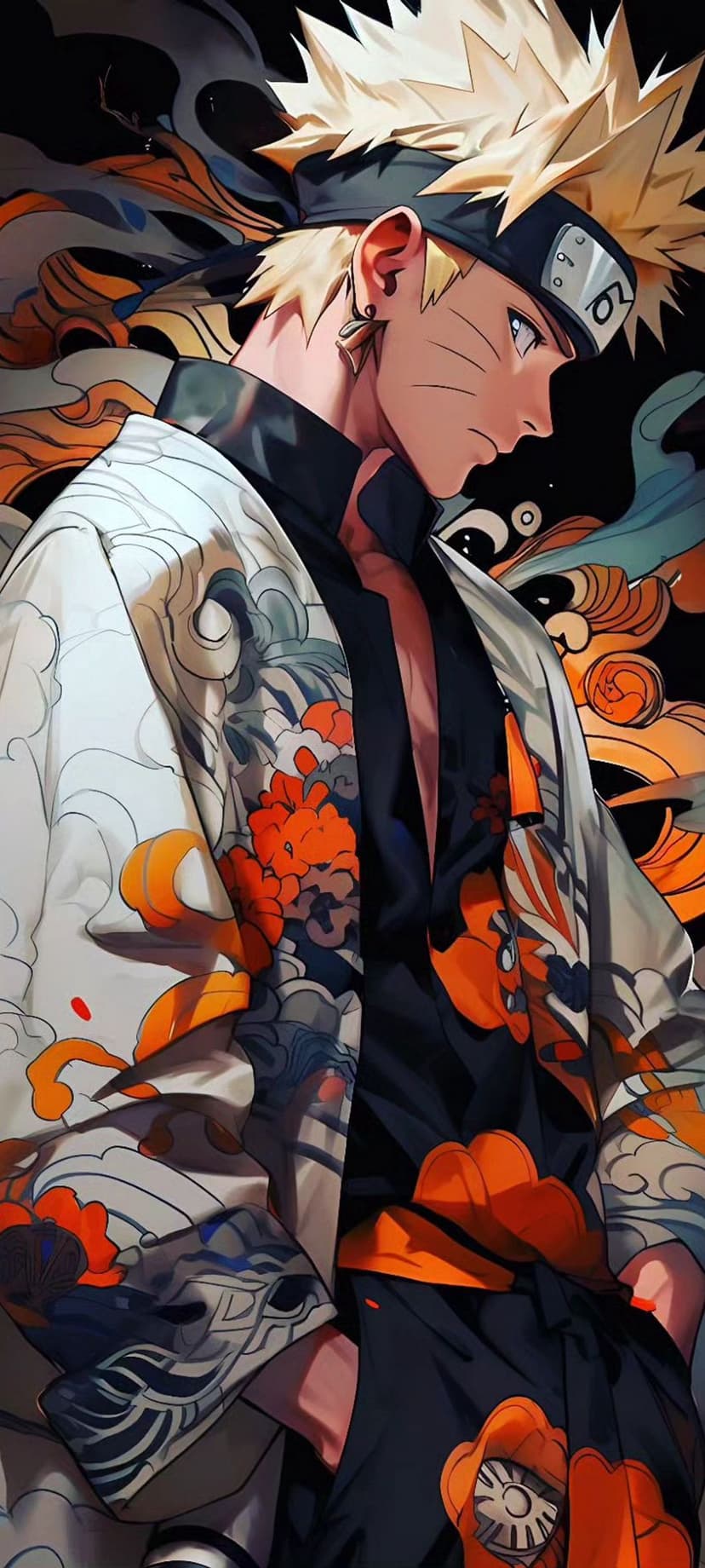 Naruto Uzumaki wearing a patterned kimono with orange floral motifs and blue clouds against a vibrant background.
