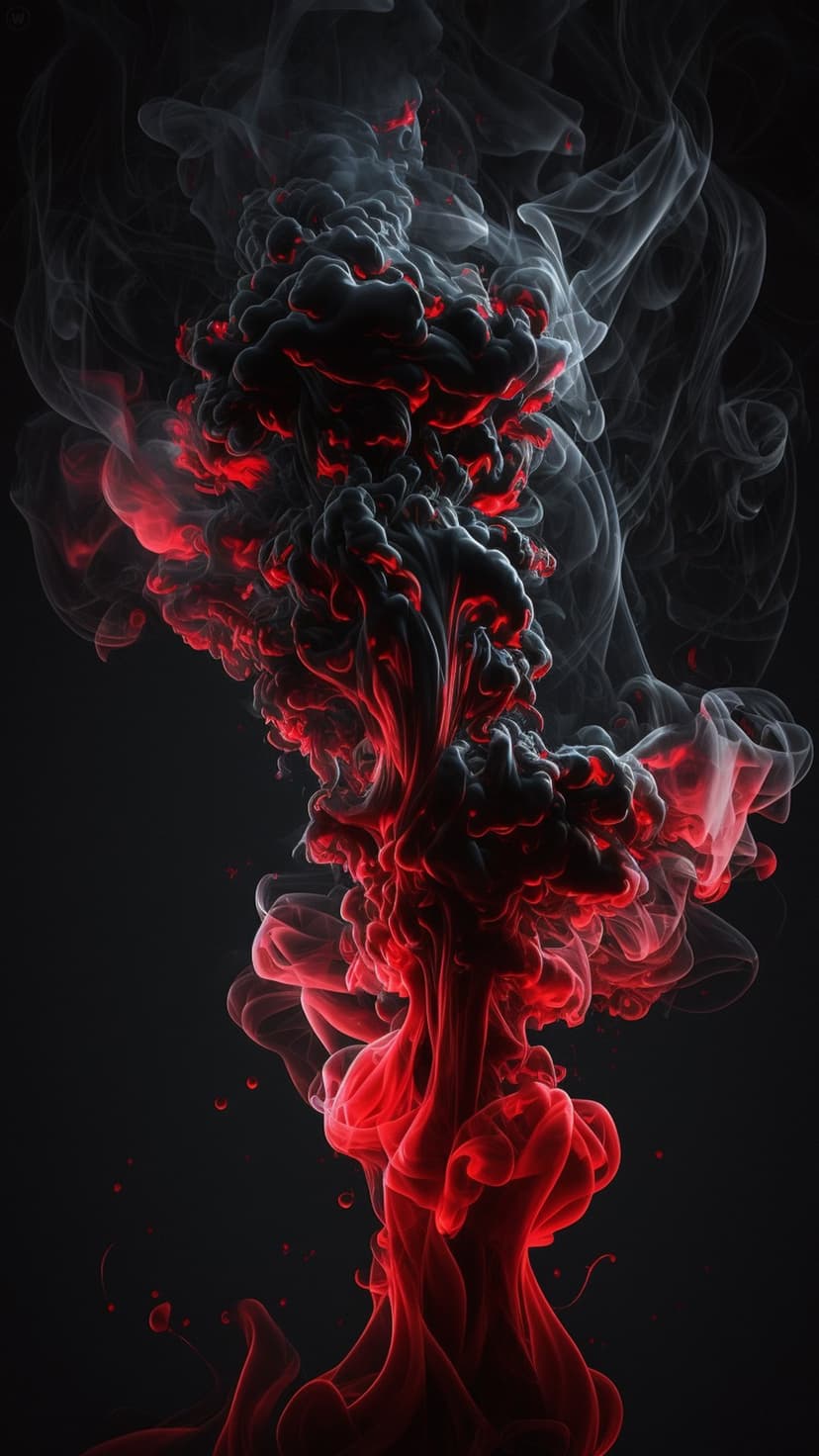 Swirling crimson smoke clouds collide with deep black plumes in an energetic and high-contrast abstract pattern.