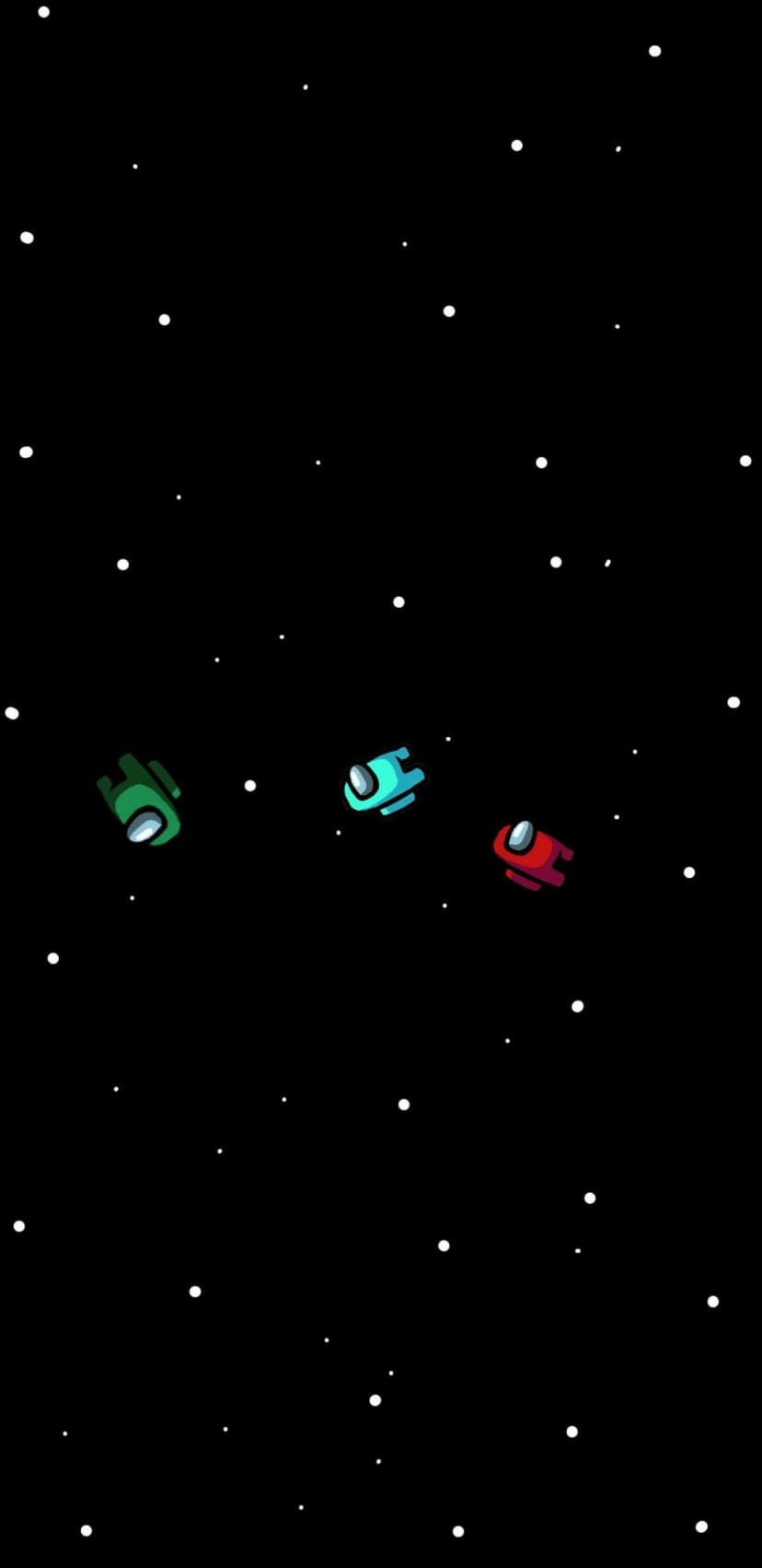 Green, cyan, and red Among Us crewmates floating in a dark space background filled with small white stars.