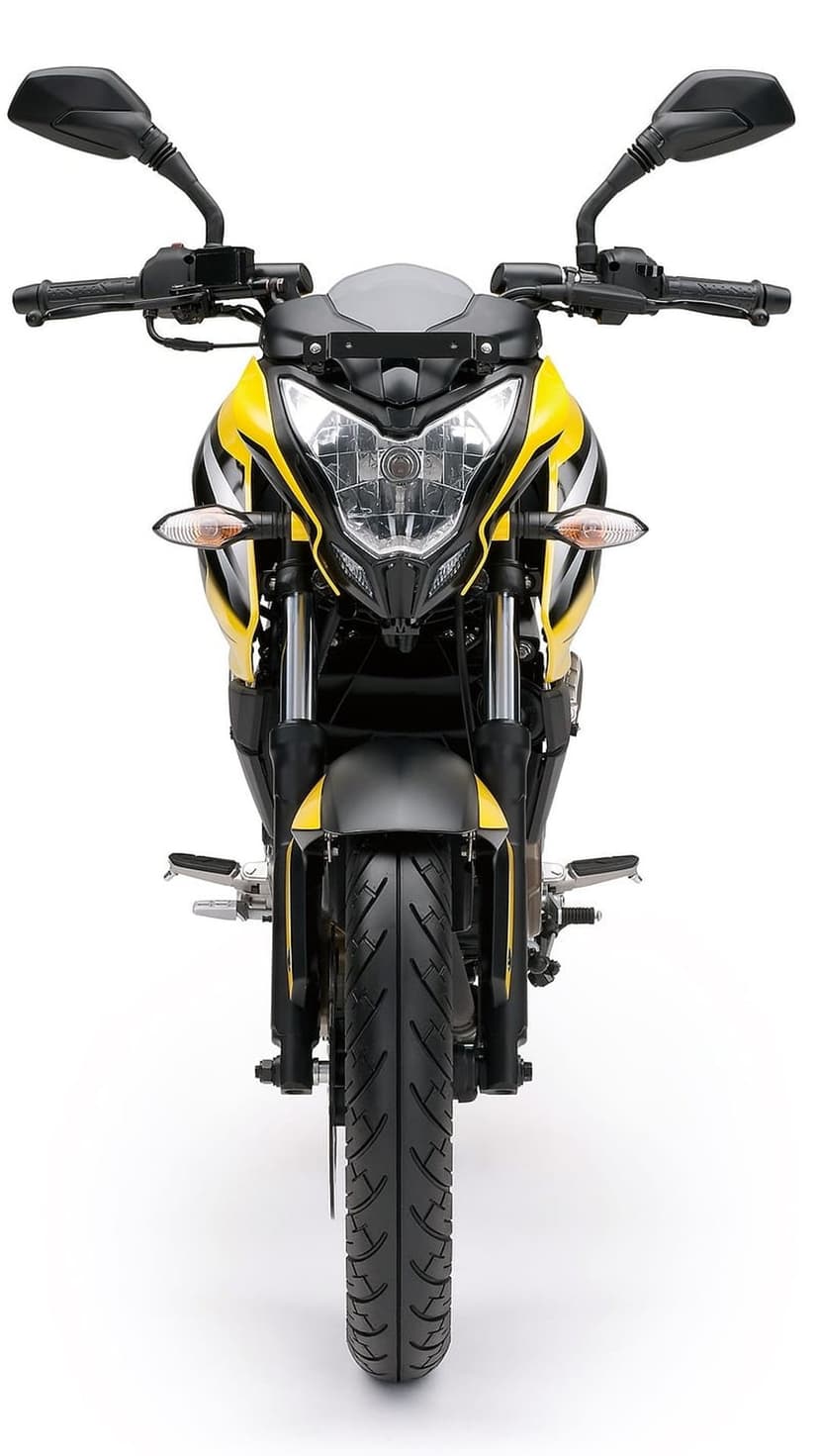 Yellow and black sport motorcycle faces forward with bright headlights and dual mirrors on a white background.