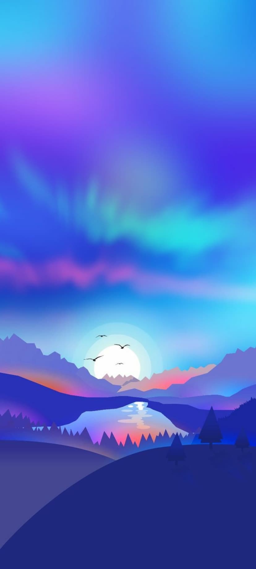 Purple and teal aurora borealis curtains shimmer over jagged mountain peaks and a reflective lake with birds.