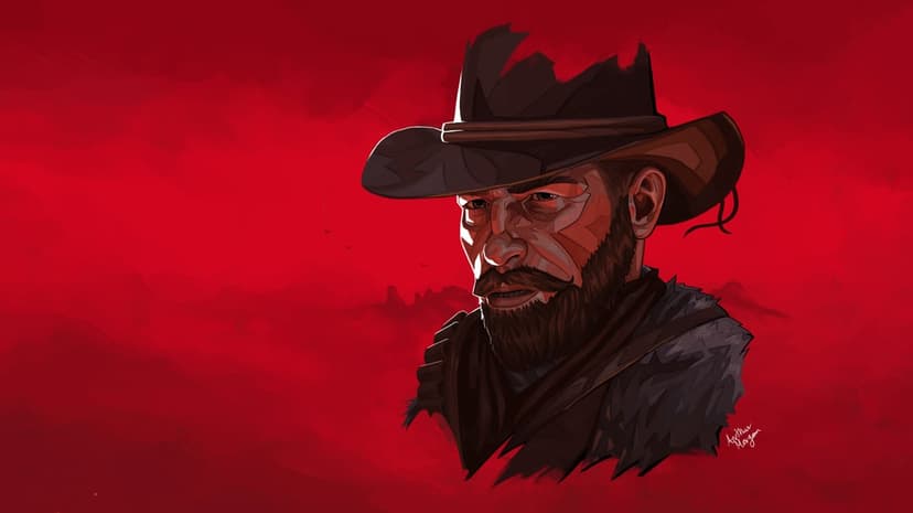 Bearded cowboy wearing a tattered hat and fur-lined coat set against a deep red textured backdrop and cloudy atmosphere.