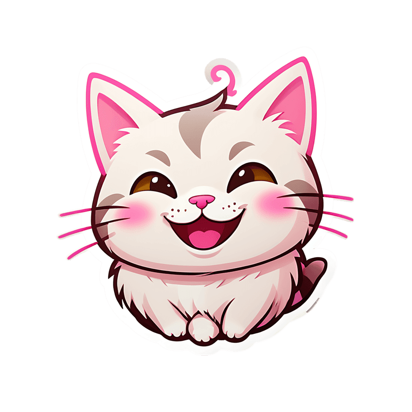 White kitten diecut illustration features a smiling cat with pink ears, brown eyes, and fluffy white fur detail.