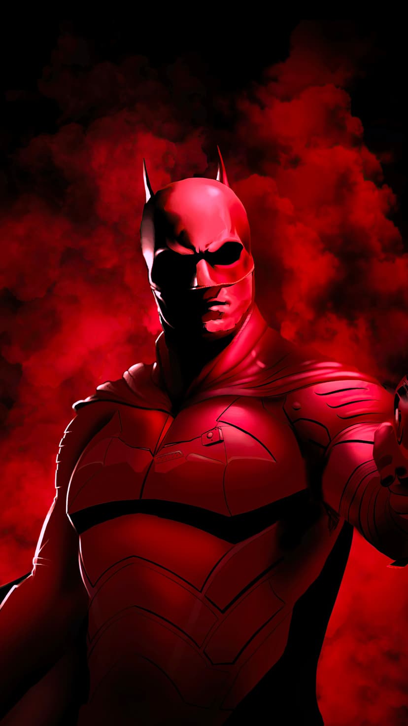Batman in crimson armor stands within dense dark smoke, emphasizing his intense gaze and armored suit details.