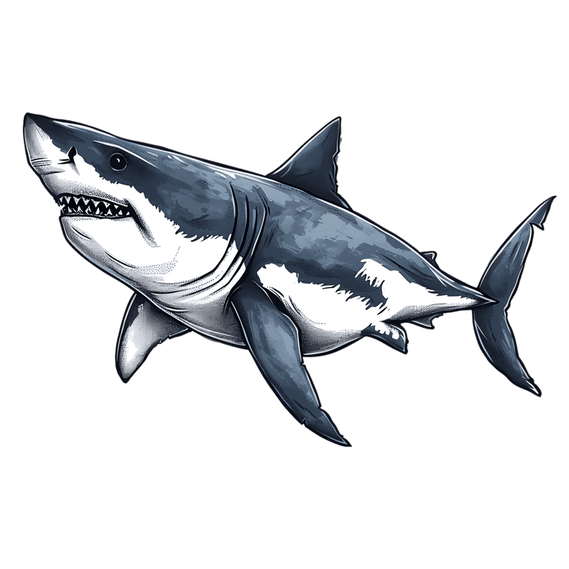 Great white shark illustration showing an open mouth with sharp teeth and sleek grey body against black space.