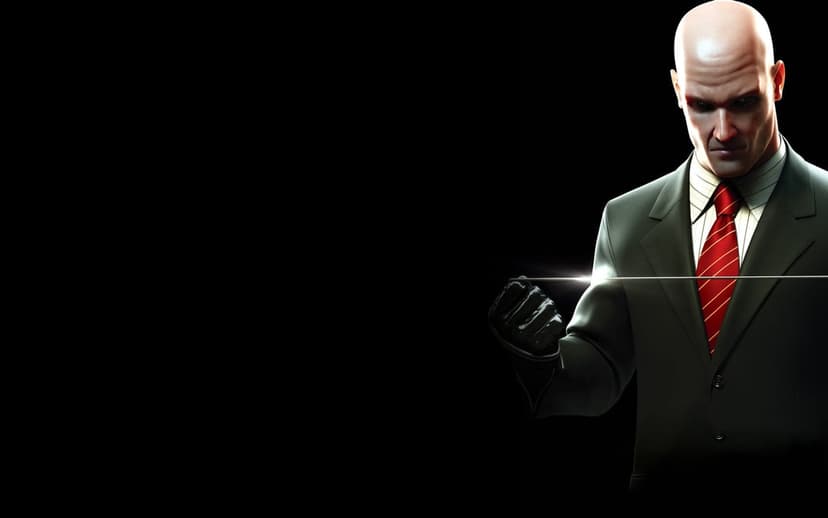 Agent 47 in a suit holding a fiber wire tight against a solid black background with dramatic side lighting.
