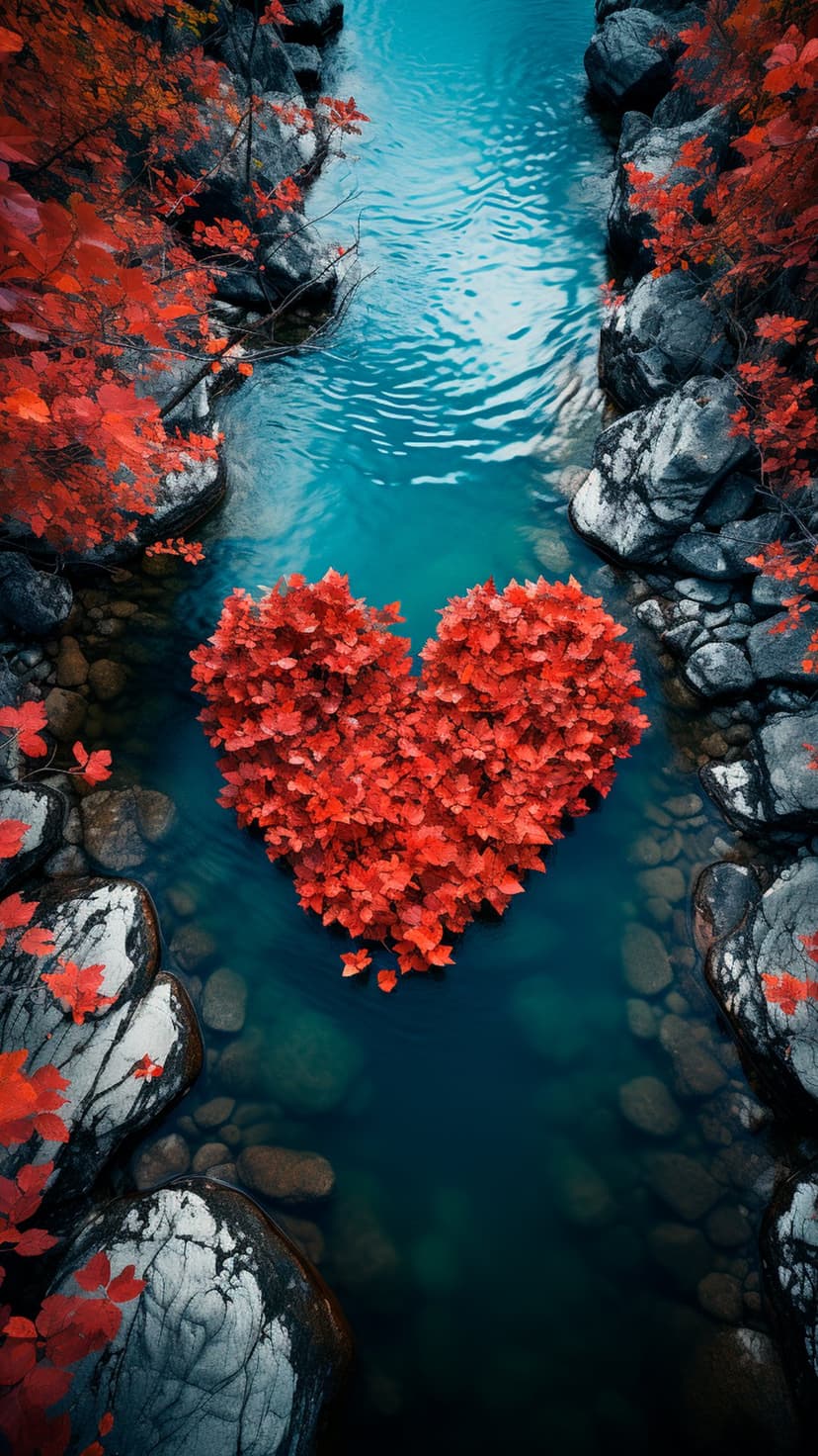 Crimson autumn leaves shaped like a heart float on clear blue water between mossy rocks in a forest stream.