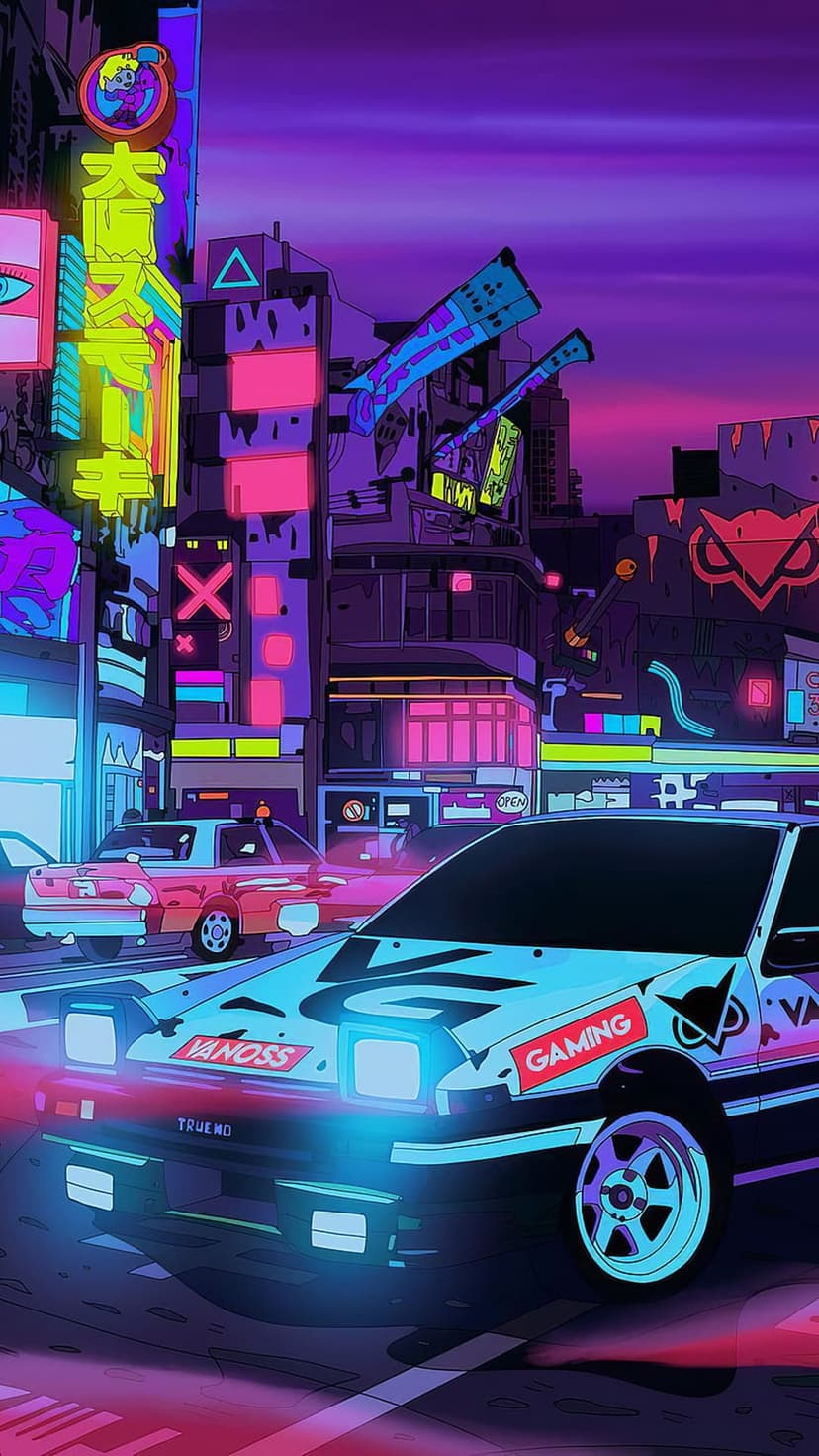 Two sports cars parked on a wet street beneath glowing Japanese neon signs and futuristic city buildings.