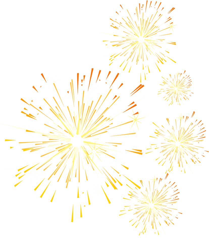 Yellow orange fireworks illustration featuring glowing sparks and radial light bursts on a transparent background.
