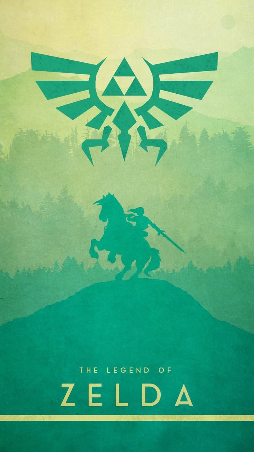Link on horseback silhouettes against misty teal mountains with a Triforce symbol and game title text.
