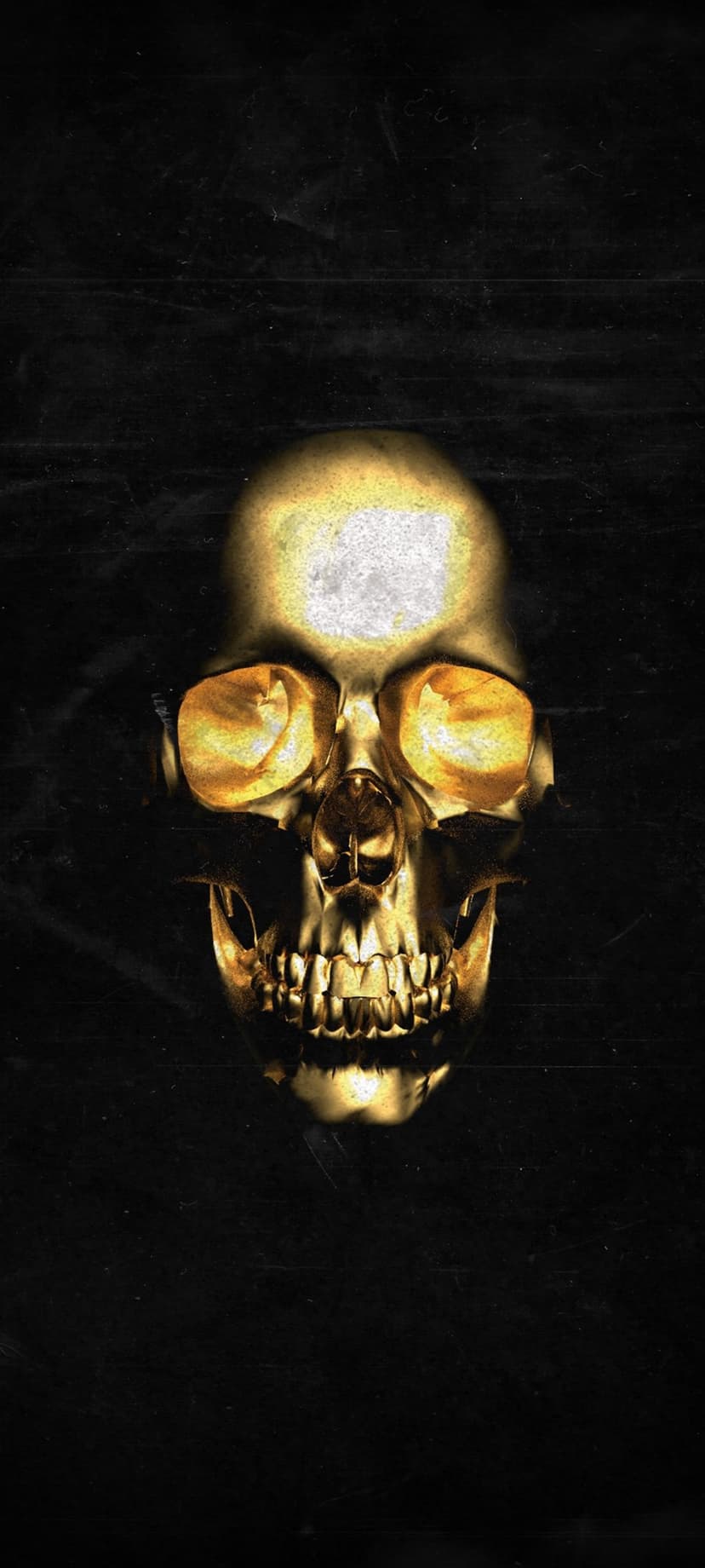 Golden skull with radiant yellow light shining from eye sockets against a dark, gritty metallic background.