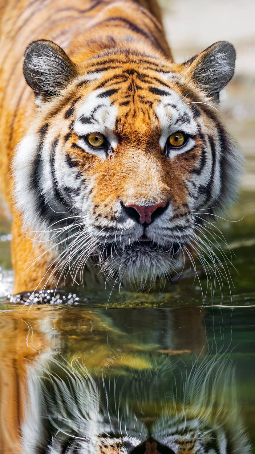 Tiger face drinking from calm water with a symmetrical reflection, bright yellow eyes, and prominent whiskers.
