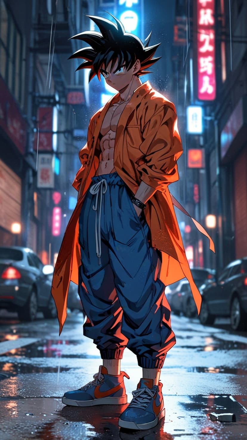 Goku wearing an orange jacket stands on a wet neon street at night with glowing reflections on the pavement.