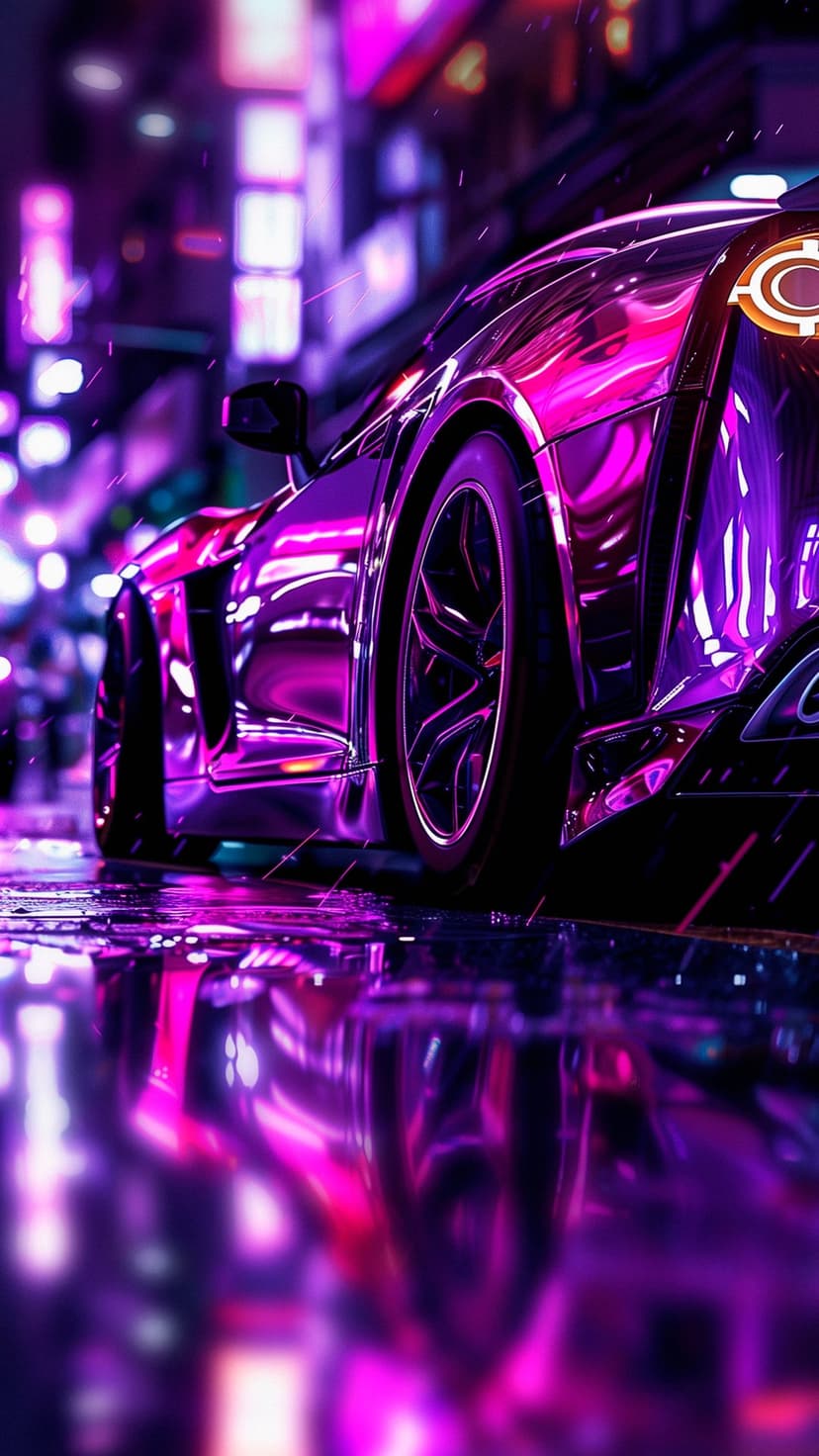 Futuristic purple sports car reflects neon city lights on a wet asphalt road at night in a vertical view.