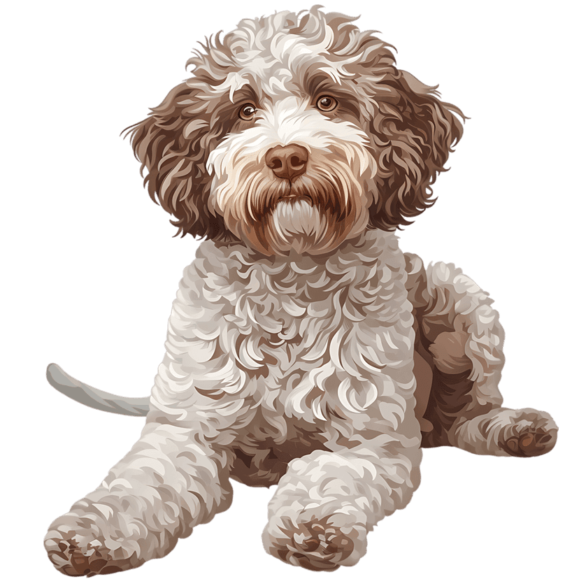 Lagotto Romagnolo dog with curly brown and white fur sitting attentively on a black background illustration.