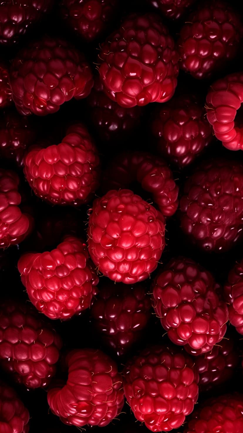 Ripe red raspberries with visible drupelets and fine hairs arranged against a dark, moody, textured background.