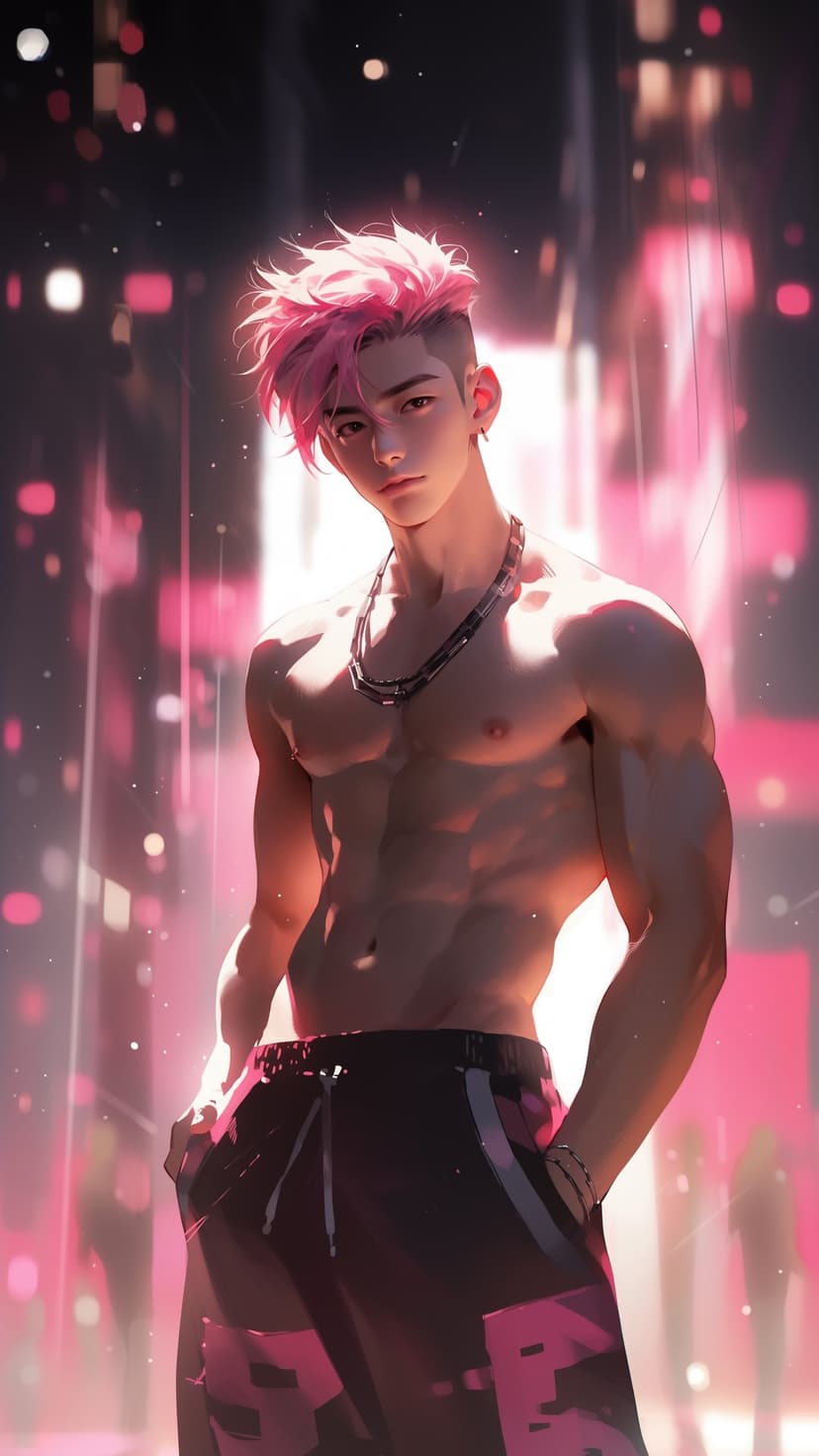 Muscular man with pink spiky hair wears black cargo pants and a silver chain against blurry pink and white lights.