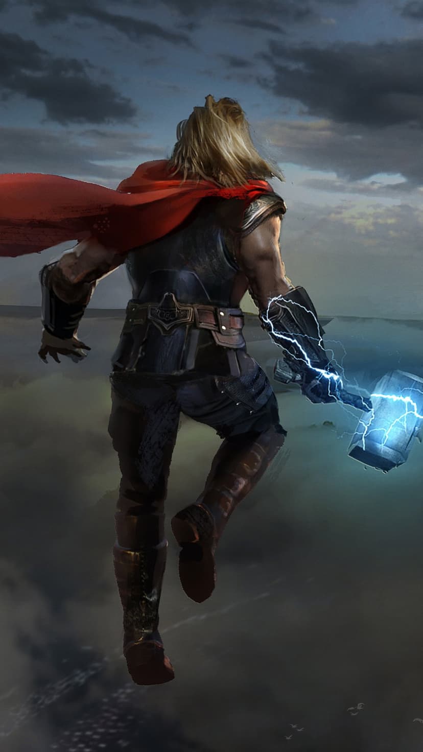 Thor holds a glowing Mjolnir while flying through a dark storm with a flowing red cape and blonde hair.