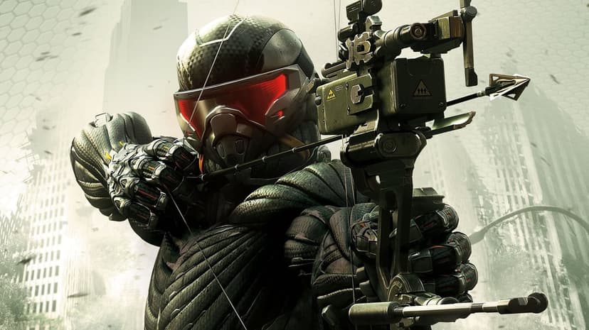 A soldier in a dark textured nanosuit and glowing red visor aims a high-tech bow in a ruined city.