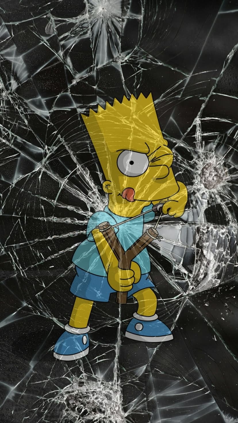 Bart Simpson aims a wooden slingshot with his tongue out against a realistic shattered glass backdrop.