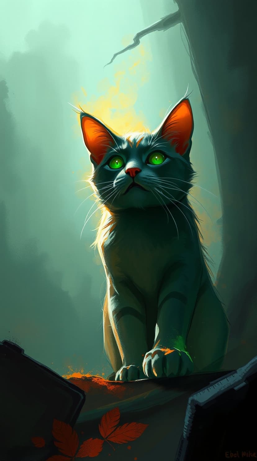 Black cat with neon green eyes and orange ears sits in a foggy forest with fallen leaves and dark tree trunks.