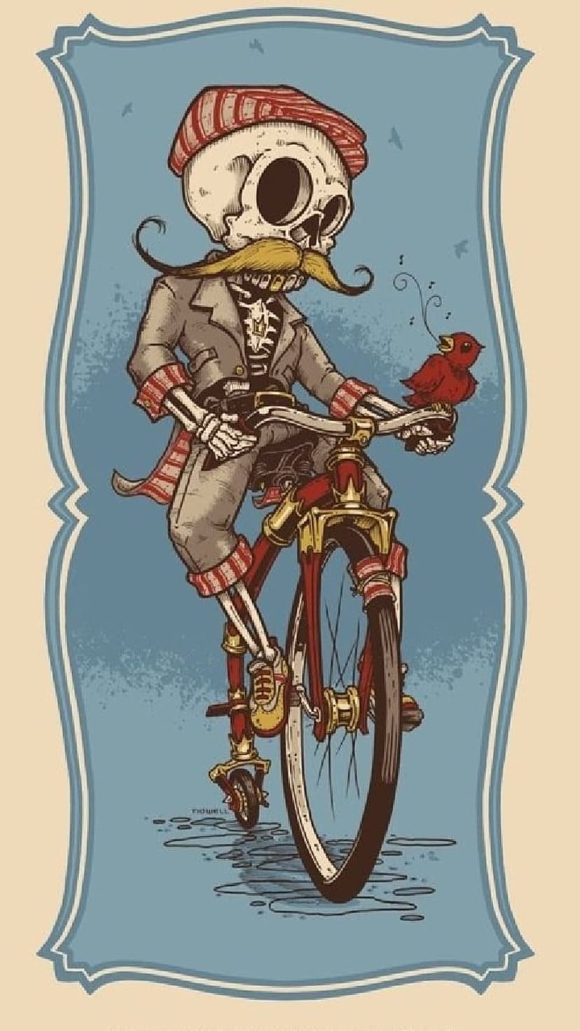 Skeleton with a mustache riding a vintage bicycle with a small red bird perched on the front handlebars.