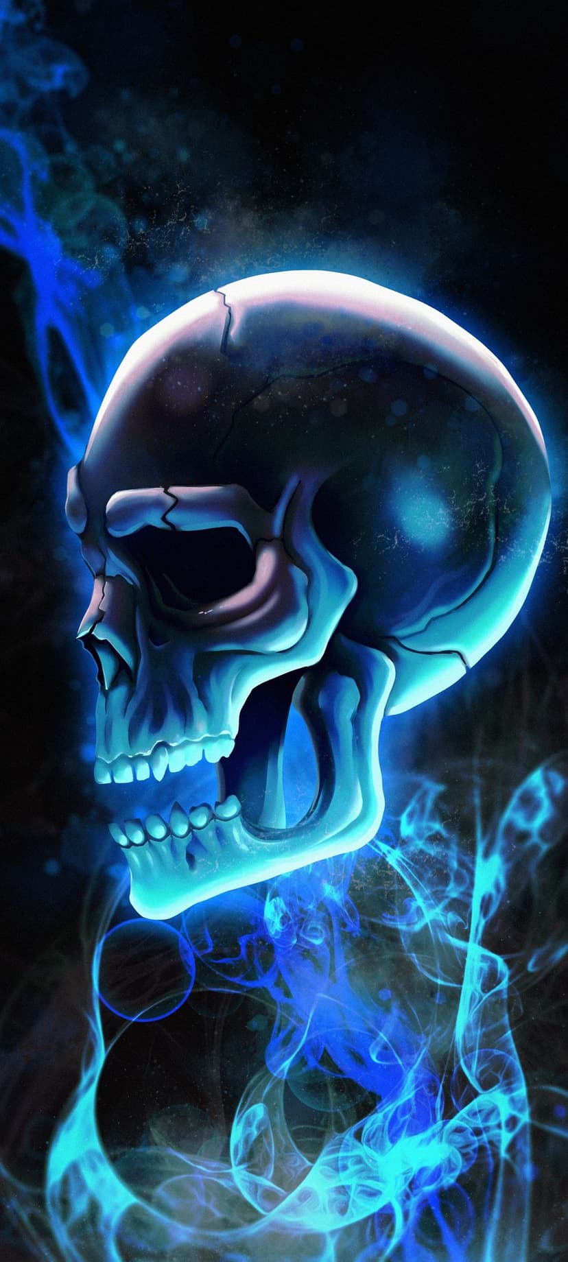 Cracked human skull glowing with neon blue light as ethereal smoke and flames swirl against a black background.