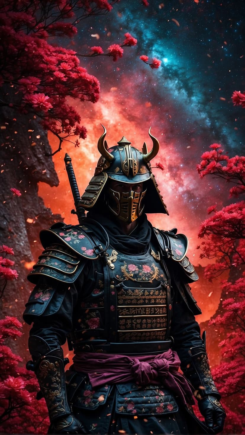 Samurai in black floral armor stands under a red nebula sky with falling cherry blossoms in a vertical view.