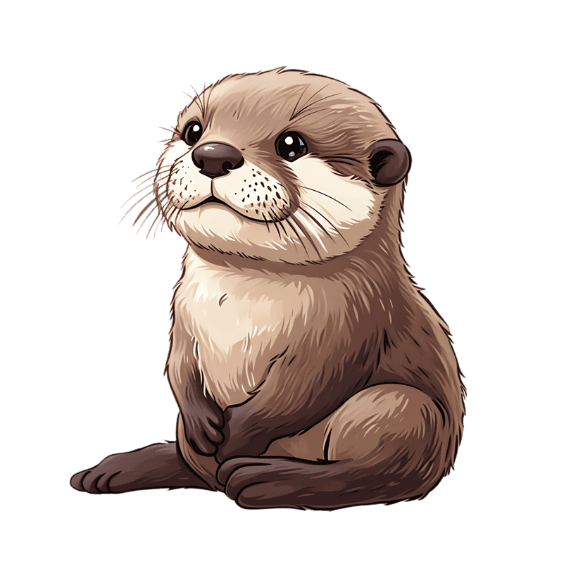 Otter digital illustration with textured brown fur sits centered against a solid black background with whiskers.
