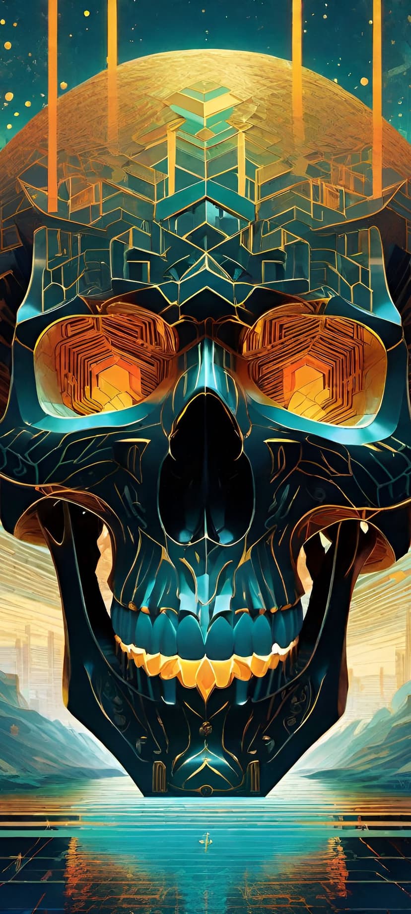 Biomechanical skull with glowing eyes and gold filigree reflects in a cosmic lake under a large moon.