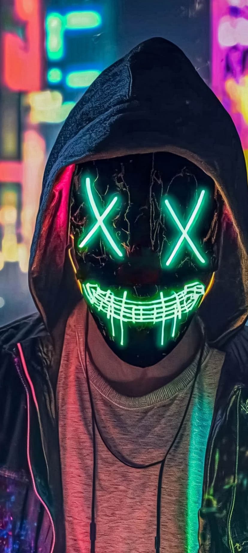 Person wearing a green neon X-eye mask and black hoodie against a blurred pink and blue city light background.