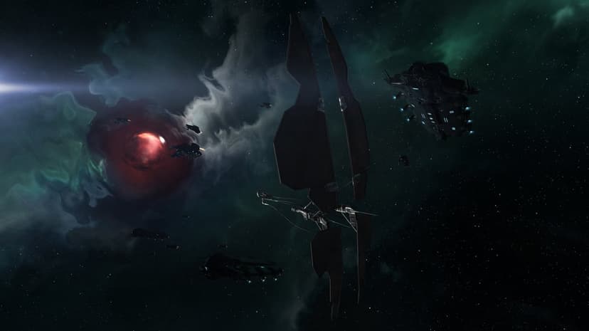 Large sci-fi spaceships fly through a teal and green nebula toward a glowing red celestial core in deep space.