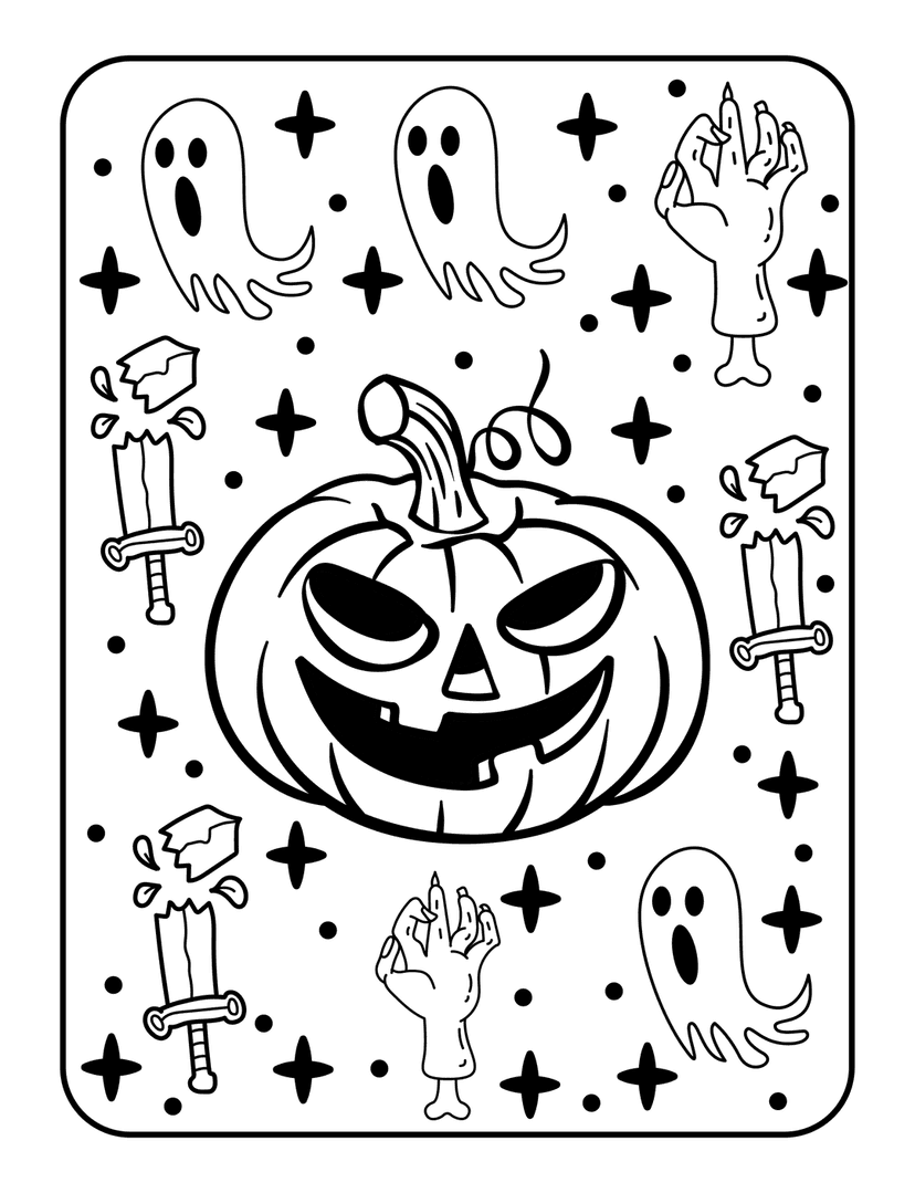Halloween coloring page showing a carved pumpkin, ghosts, a zombie hand, and a broken sword in black line art.
