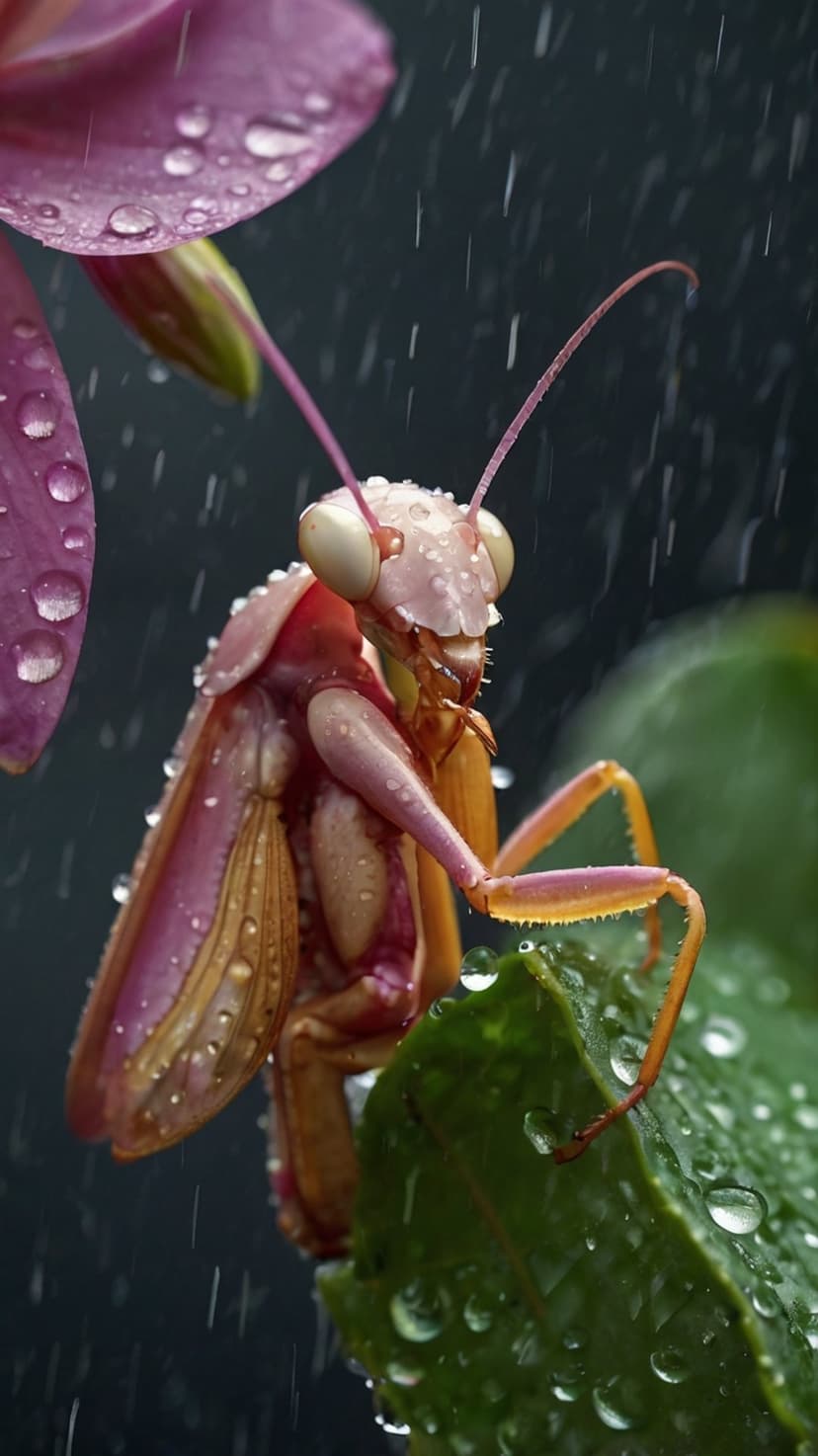 Pink and orange praying mantis rests on a green leaf covered in water droplets with a blurred orchid background.