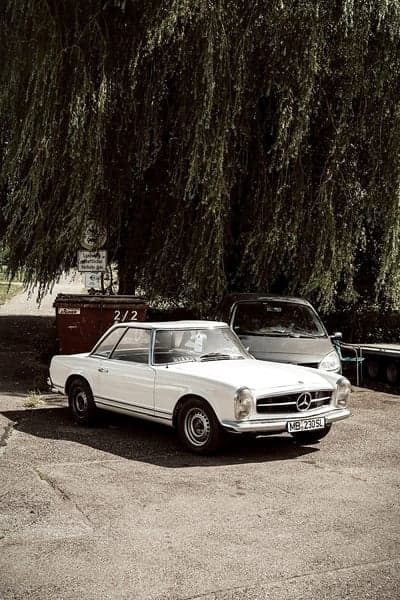 Classic white Mercedes-Benz 230SL parked under willow tree