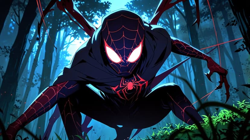 Miles Morales Spider-Man with glowing eyes and red mechanical legs crouches in a dark blue moonlit forest.