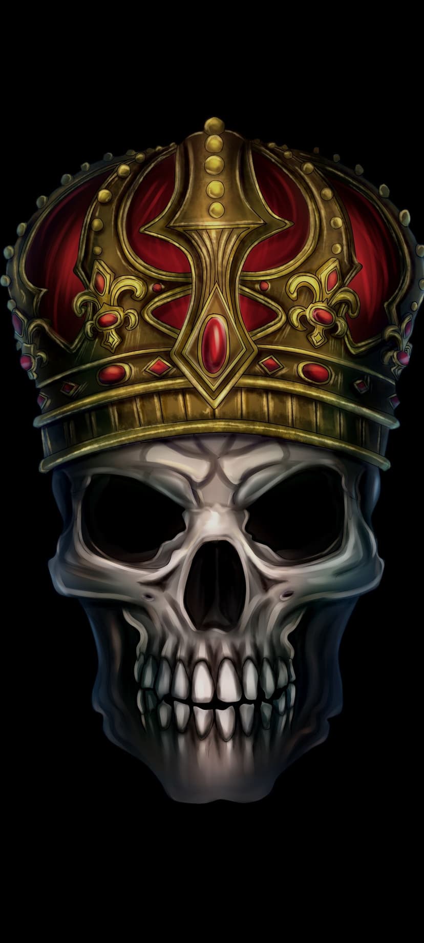 Skull wearing a baroque golden crown with red rubies set against a solid black background in portrait view.