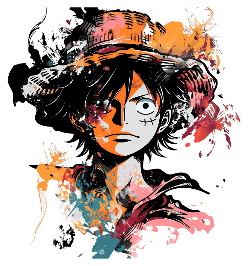 Luffy anime character illustration wearing a straw hat and red vest against a transparent background.