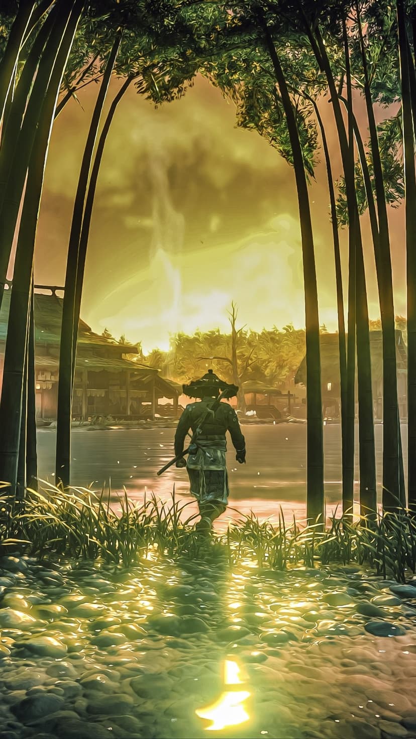 Samurai in a straw hat walks through a bamboo grove toward a village under a glowing orange sunset sky.