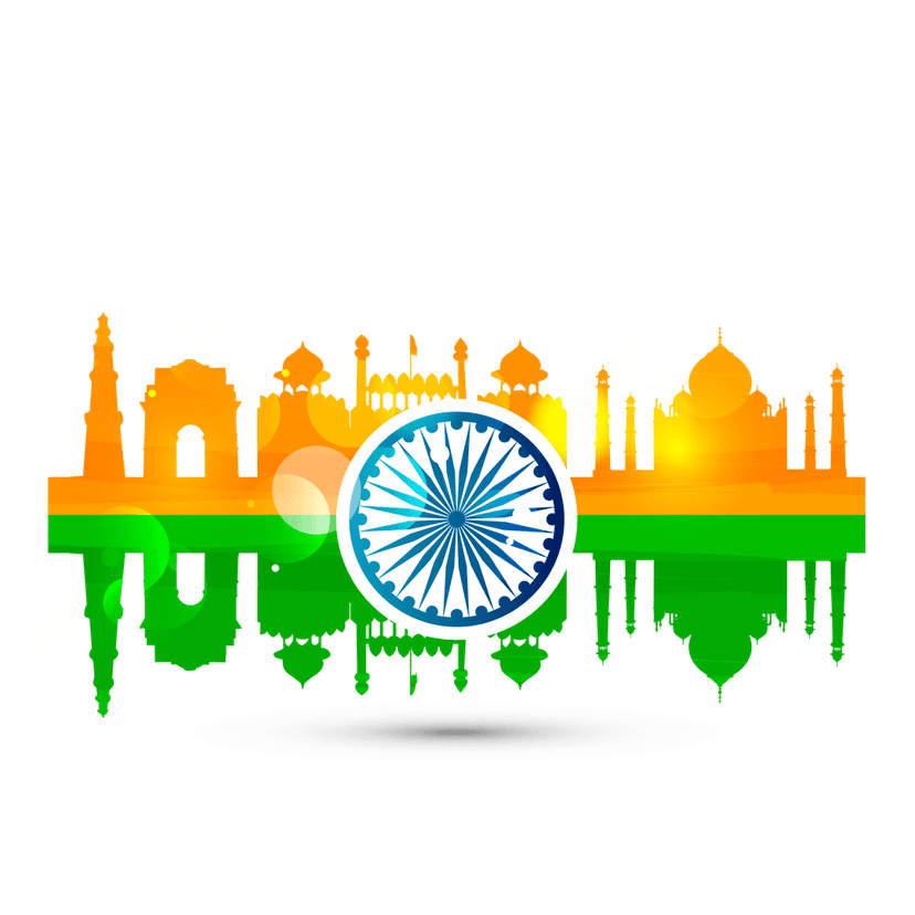 Indian flag vector graphic on yellow background featuring silhouette school buildings and festive party lines.