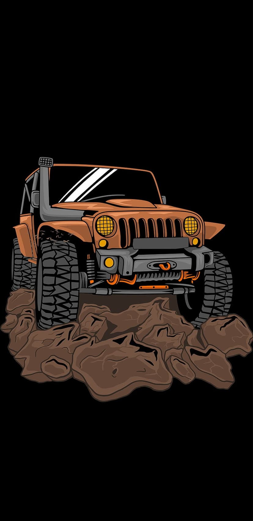 Orange Jeep Wrangler with off-road tires and a snorkel climbing jagged rocks against a solid black background.
