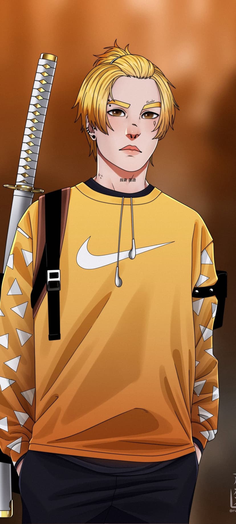 Blonde anime male with a topknot wearing a yellow Nike hoodie and carrying a katana against an orange background.